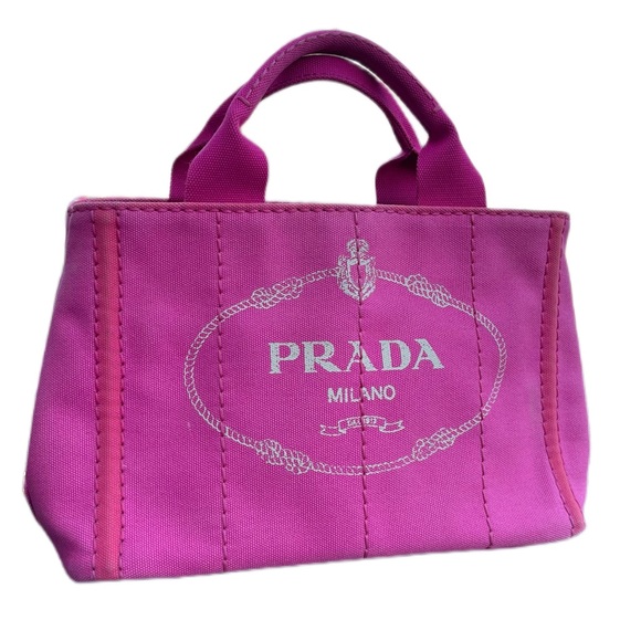 Prada Logo Canapa Pink Small Satchel Denim Top Handle Bag - Picture 1 of 17